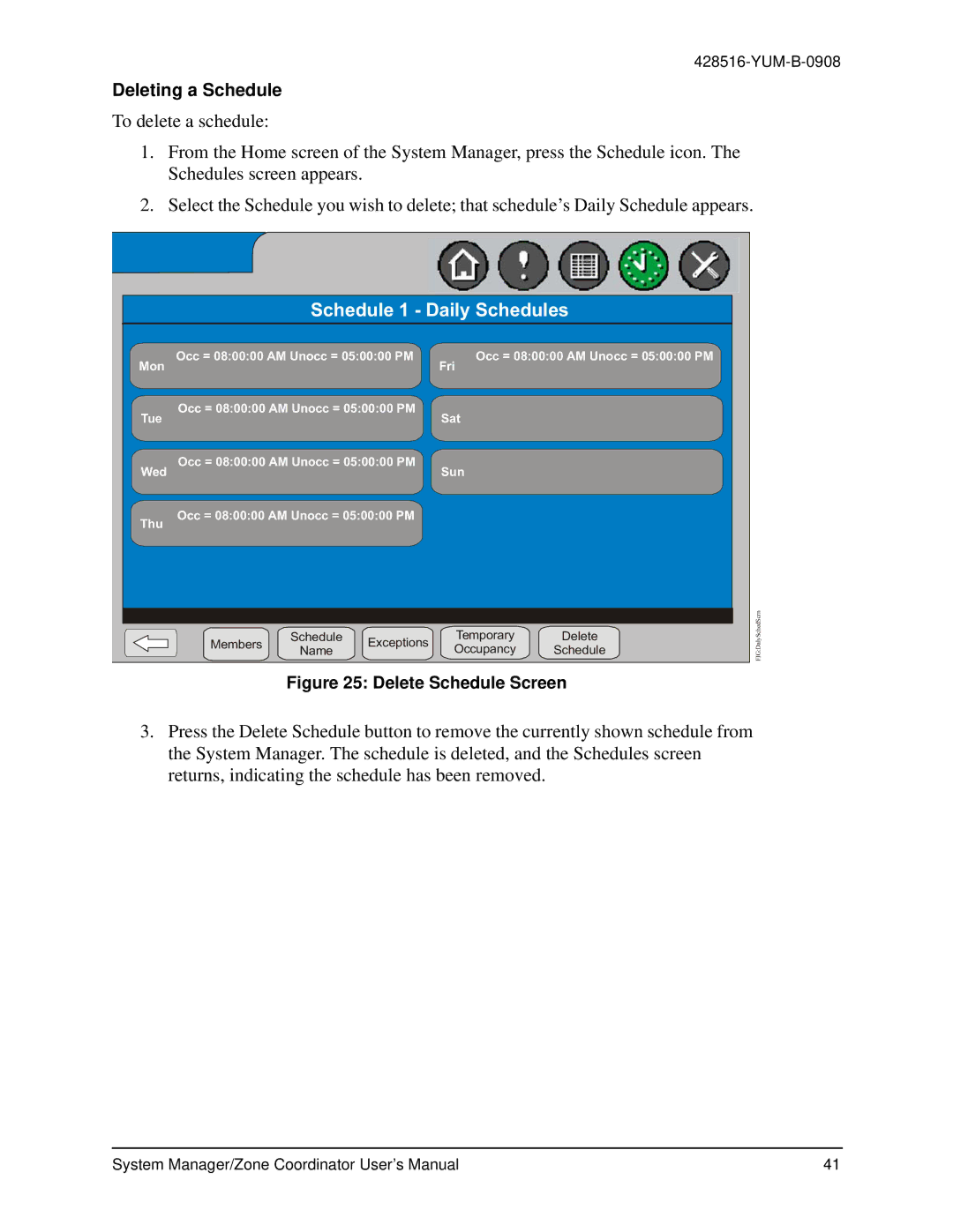 York YK-ZCU2x0-0, YKSMU2x0-0, YK-ZCU4x0-0 user manual Deleting a Schedule, Delete Schedule Screen 