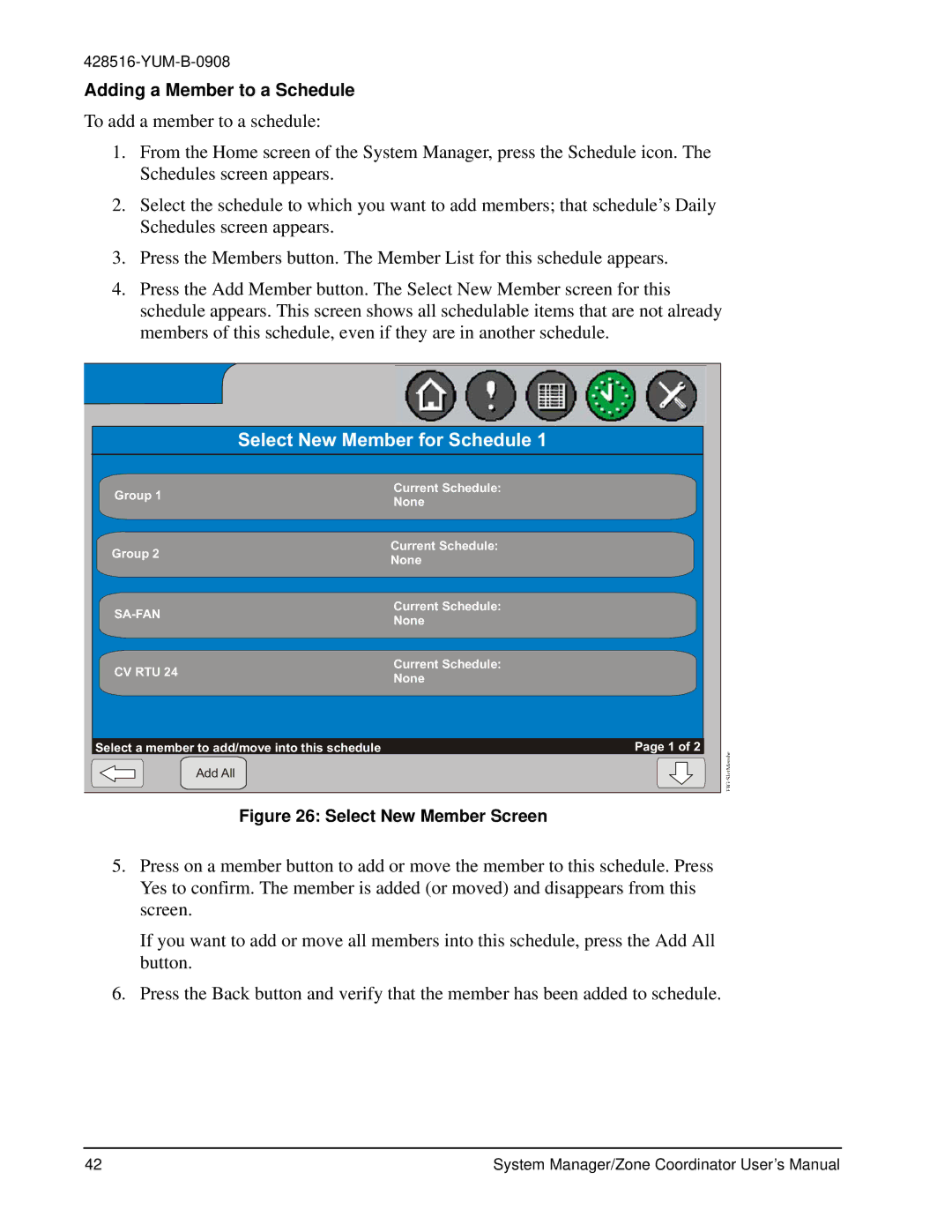 York YKSMU2x0-0, YK-ZCU4x0-0, YK-ZCU2x0-0 user manual Select New Member for Schedule, Adding a Member to a Schedule 