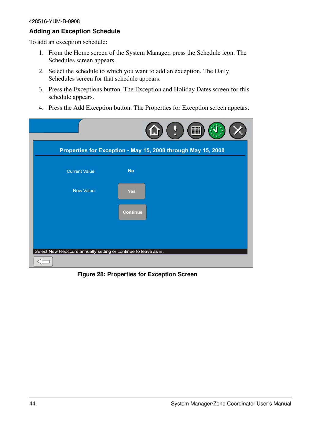 York YK-ZCU2x0-0, YKSMU2x0-0 user manual Adding an Exception Schedule, Properties for Exception May 15, 2008 through May 15 