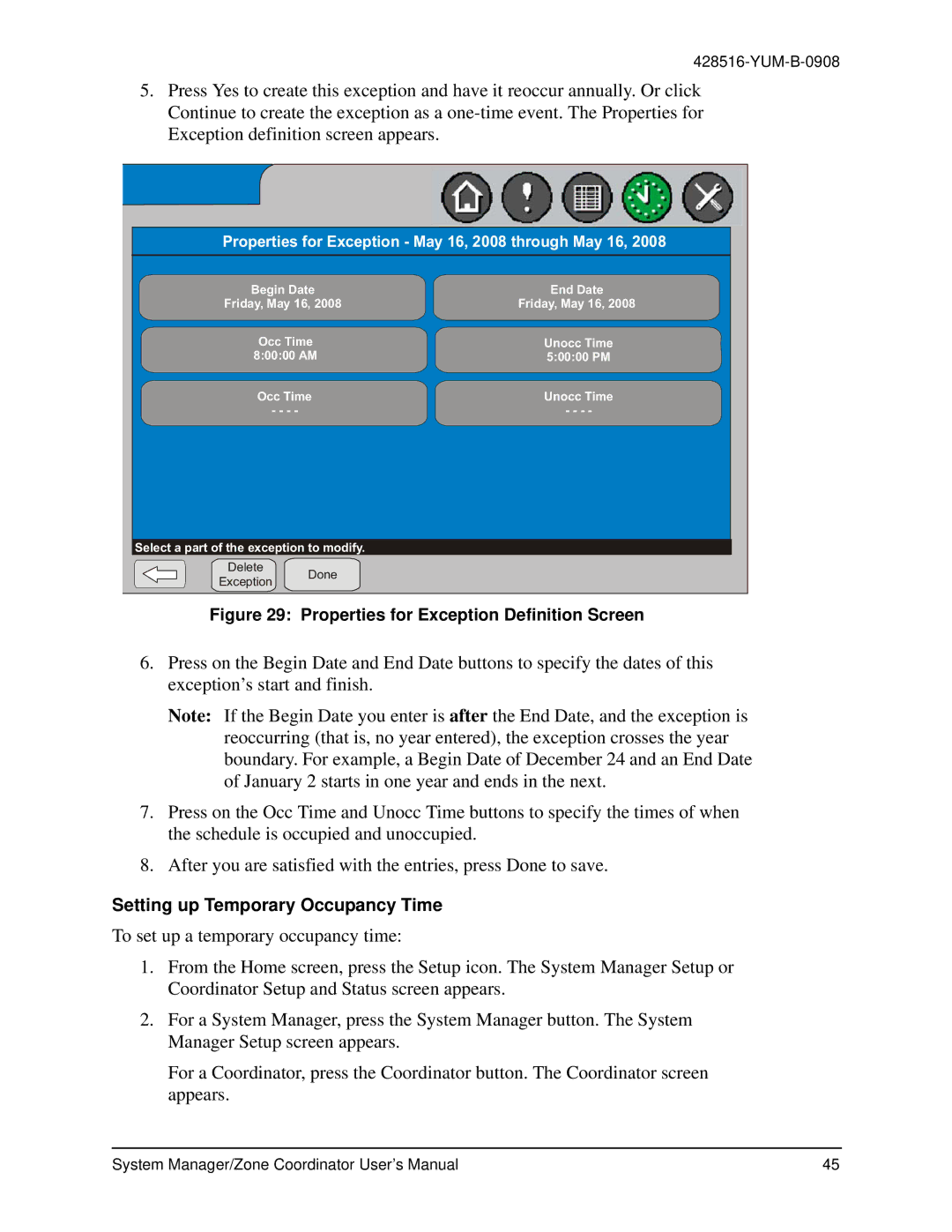 York YKSMU2x0-0, YK-ZCU4x0-0, YK-ZCU2x0-0 Properties for Exception Definition Screen, Setting up Temporary Occupancy Time 