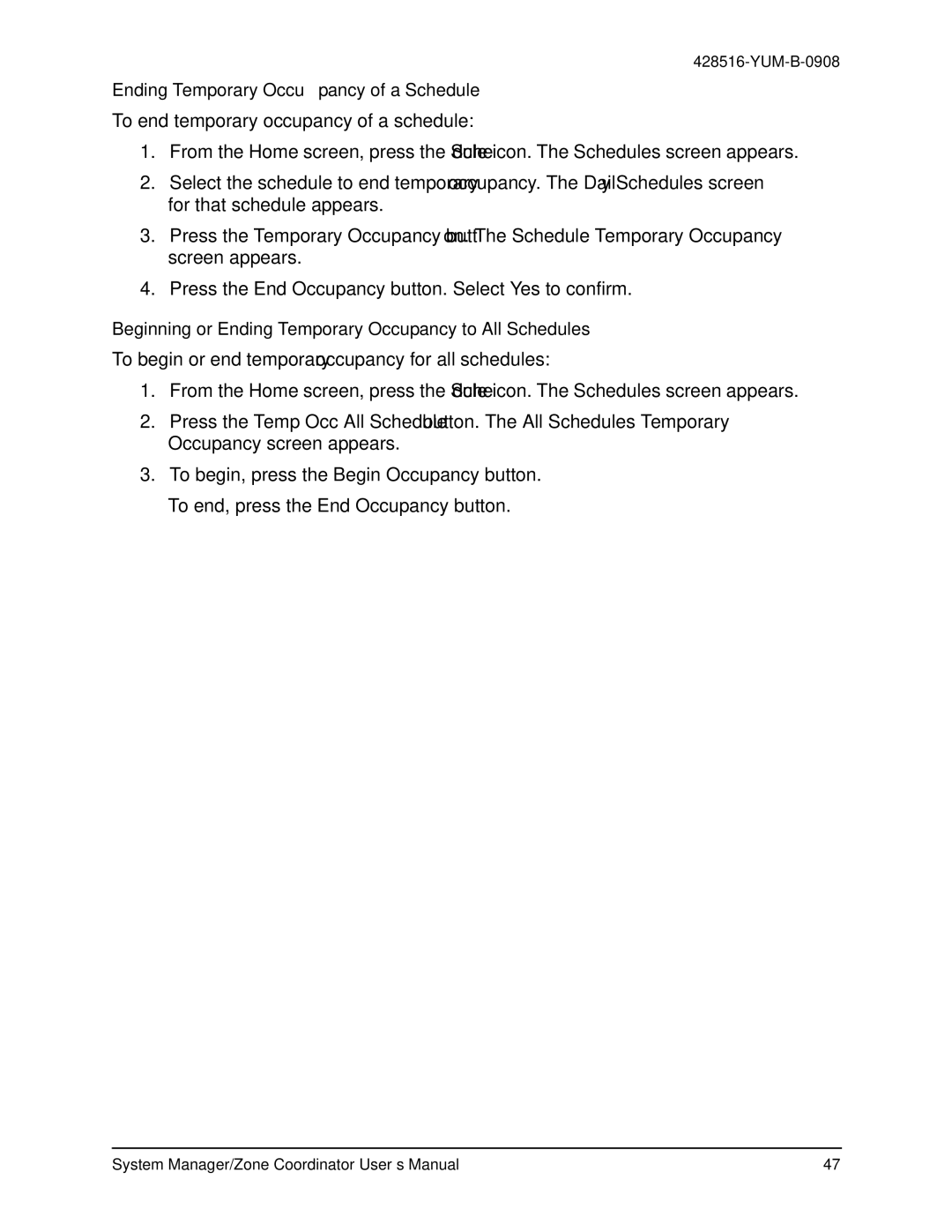 York YK-ZCU2x0-0 Ending Temporary Occupancy of a Schedule, Beginning or Ending Temporary Occupancy to All Schedules 
