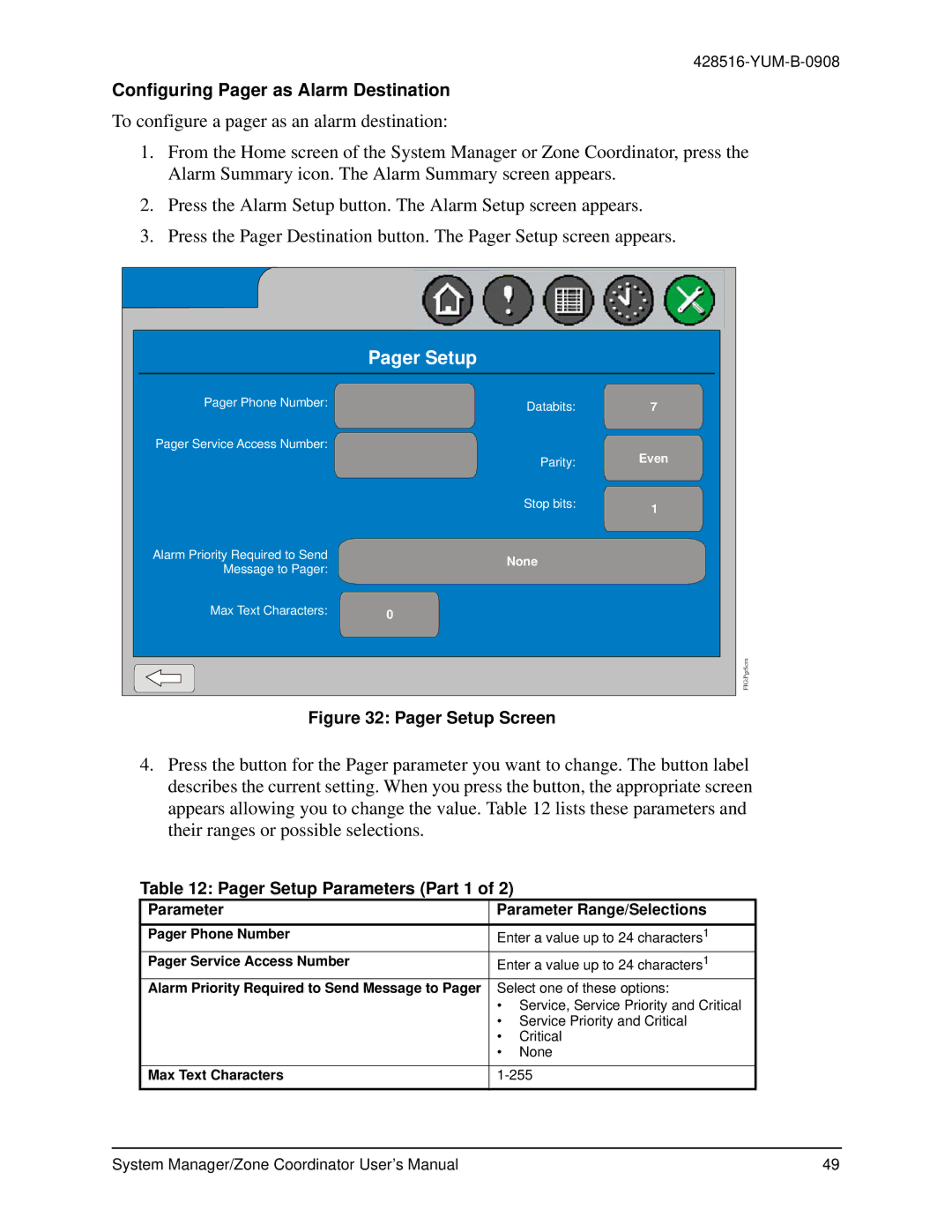 York YK-ZCU4x0-0, YKSMU2x0-0, YK-ZCU2x0-0 Configuring Pager as Alarm Destination, Pager Setup Parameters Part 1 