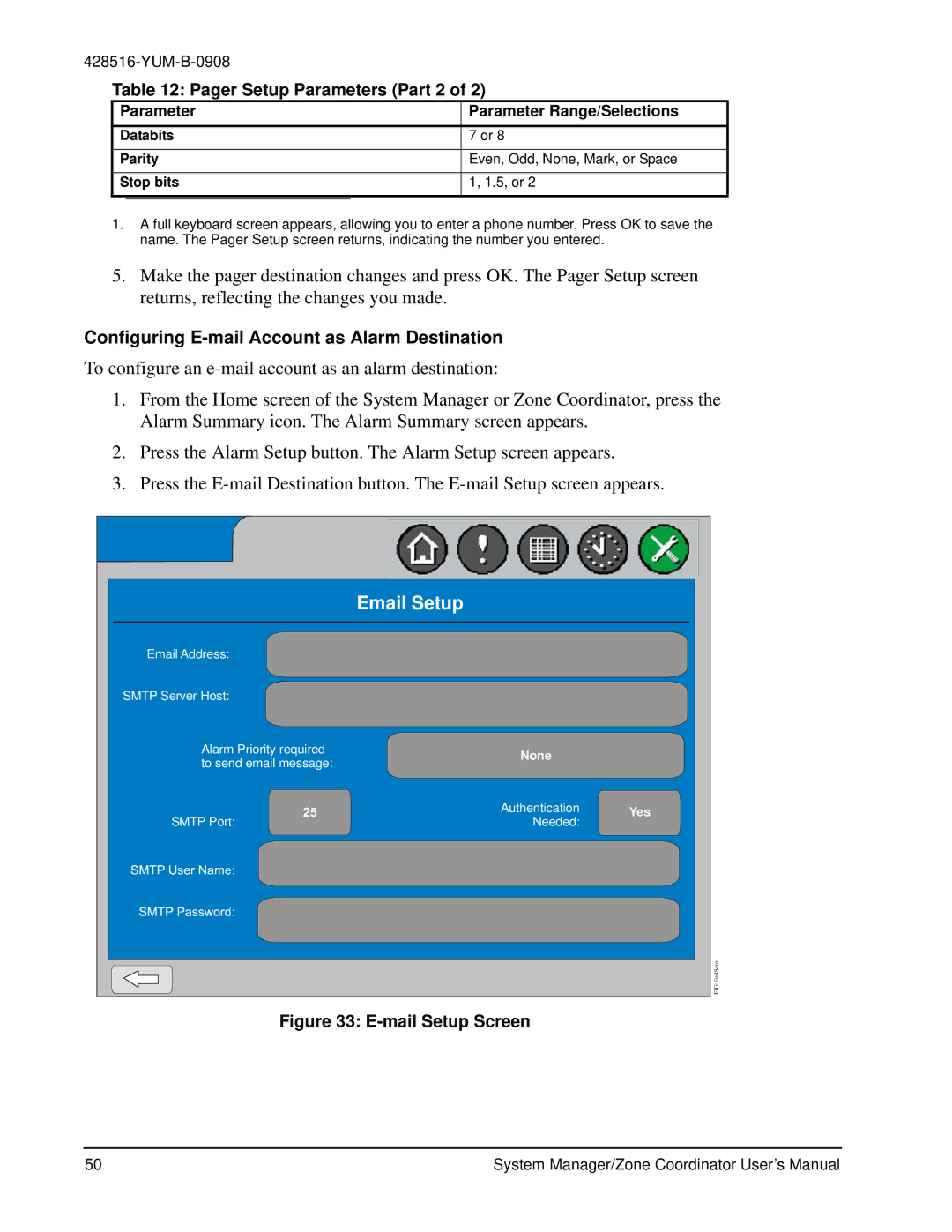 York YK-ZCU2x0-0, YKSMU2x0-0 Email Setup, Pager Setup Parameters Part 2, Configuring E-mail Account as Alarm Destination 