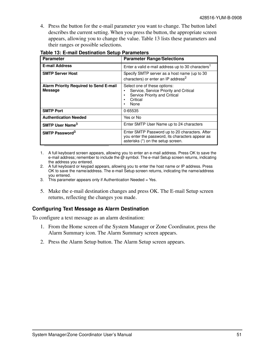 York YKSMU2x0-0, YK-ZCU4x0-0, YK-ZCU2x0-0 Mail Destination Setup Parameters, Configuring Text Message as Alarm Destination 