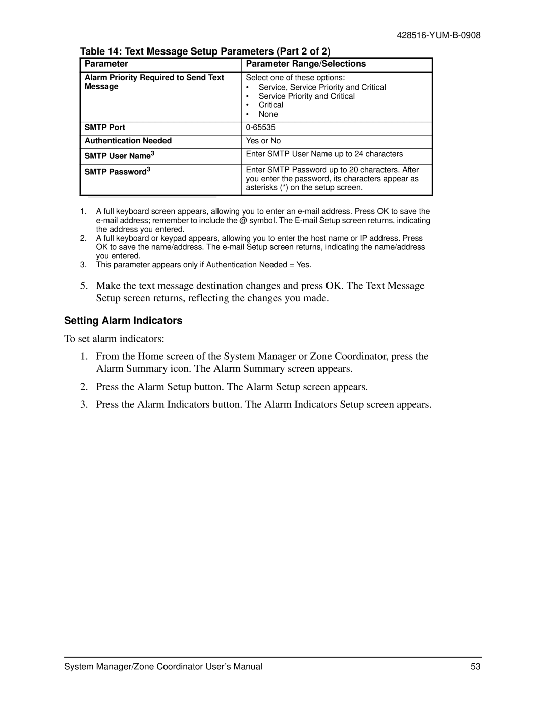 York YK-ZCU2x0-0, YKSMU2x0-0, YK-ZCU4x0-0 user manual Text Message Setup Parameters Part 2, Setting Alarm Indicators 