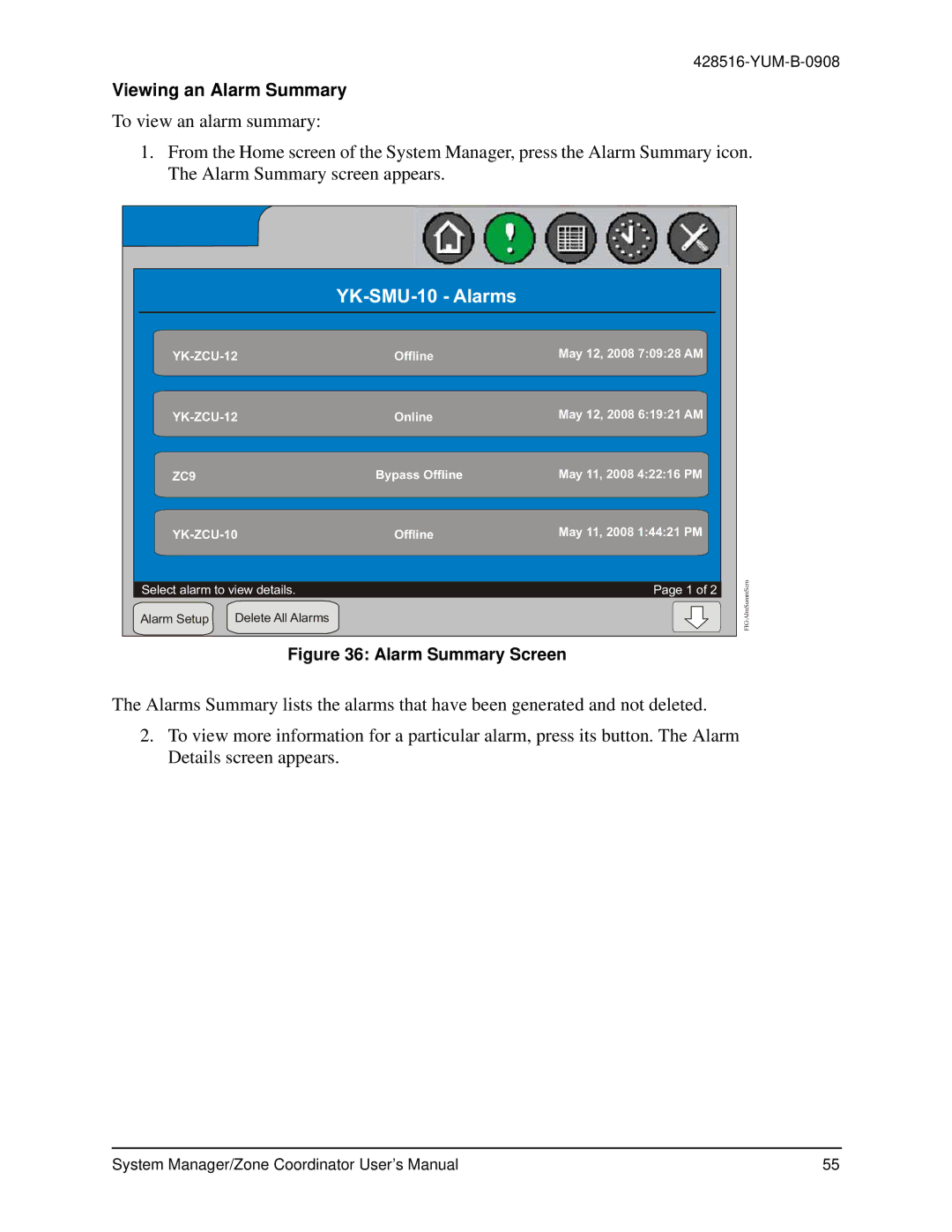 York YK-ZCU4x0-0, YKSMU2x0-0, YK-ZCU2x0-0 user manual YK-SMU-10 Alarms, Viewing an Alarm Summary 