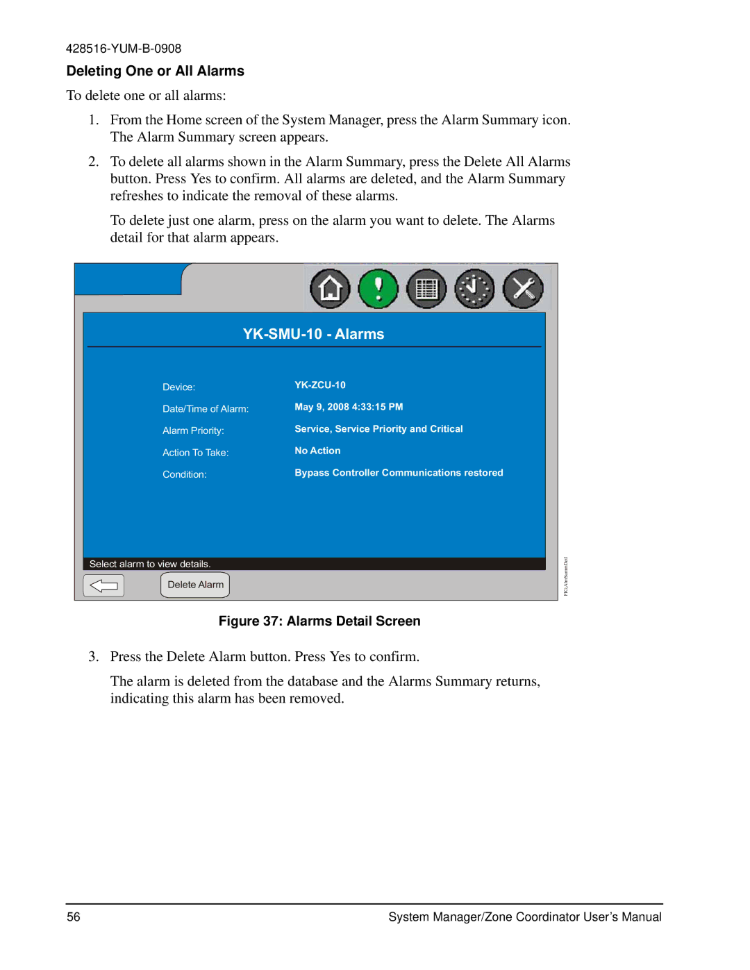 York YK-ZCU2x0-0, YKSMU2x0-0, YK-ZCU4x0-0 user manual Deleting One or All Alarms, Alarms Detail Screen 