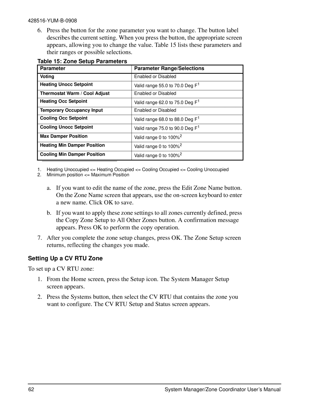 York YK-ZCU2x0-0, YKSMU2x0-0, YK-ZCU4x0-0 user manual Zone Setup Parameters, Setting Up a CV RTU Zone 