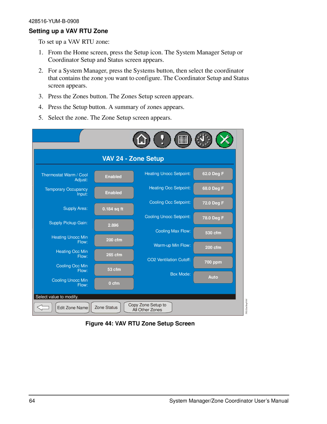 York YK-ZCU4x0-0, YKSMU2x0-0, YK-ZCU2x0-0 user manual VAV 24 Zone Setup, Setting up a VAV RTU Zone 