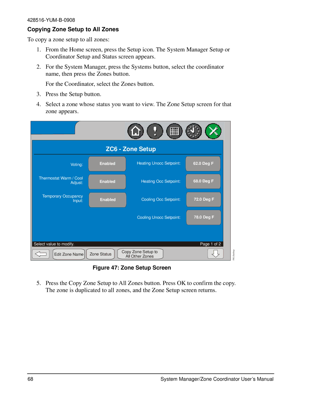 York YK-ZCU2x0-0, YKSMU2x0-0, YK-ZCU4x0-0 user manual Copying Zone Setup to All Zones, Zone Setup Screen 