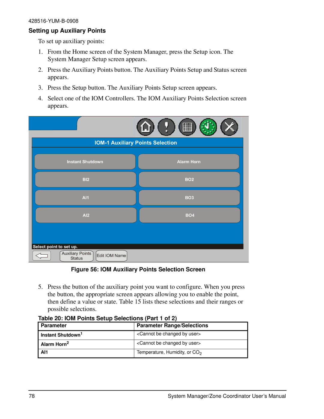 York YKSMU2x0-0 Setting up Auxiliary Points, IOM Points Setup Selections Part 1, IOM-1 Auxiliary Points Selection 