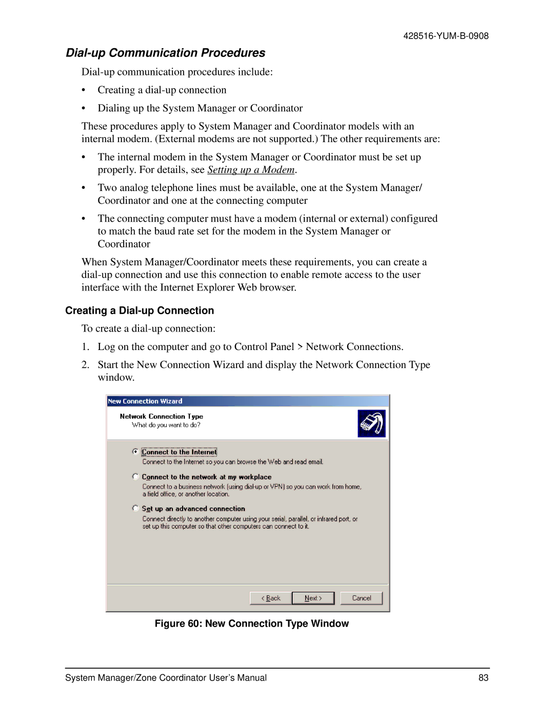 York YK-ZCU2x0-0, YKSMU2x0-0, YK-ZCU4x0-0 user manual Dial-up Communication Procedures, Creating a Dial-up Connection 