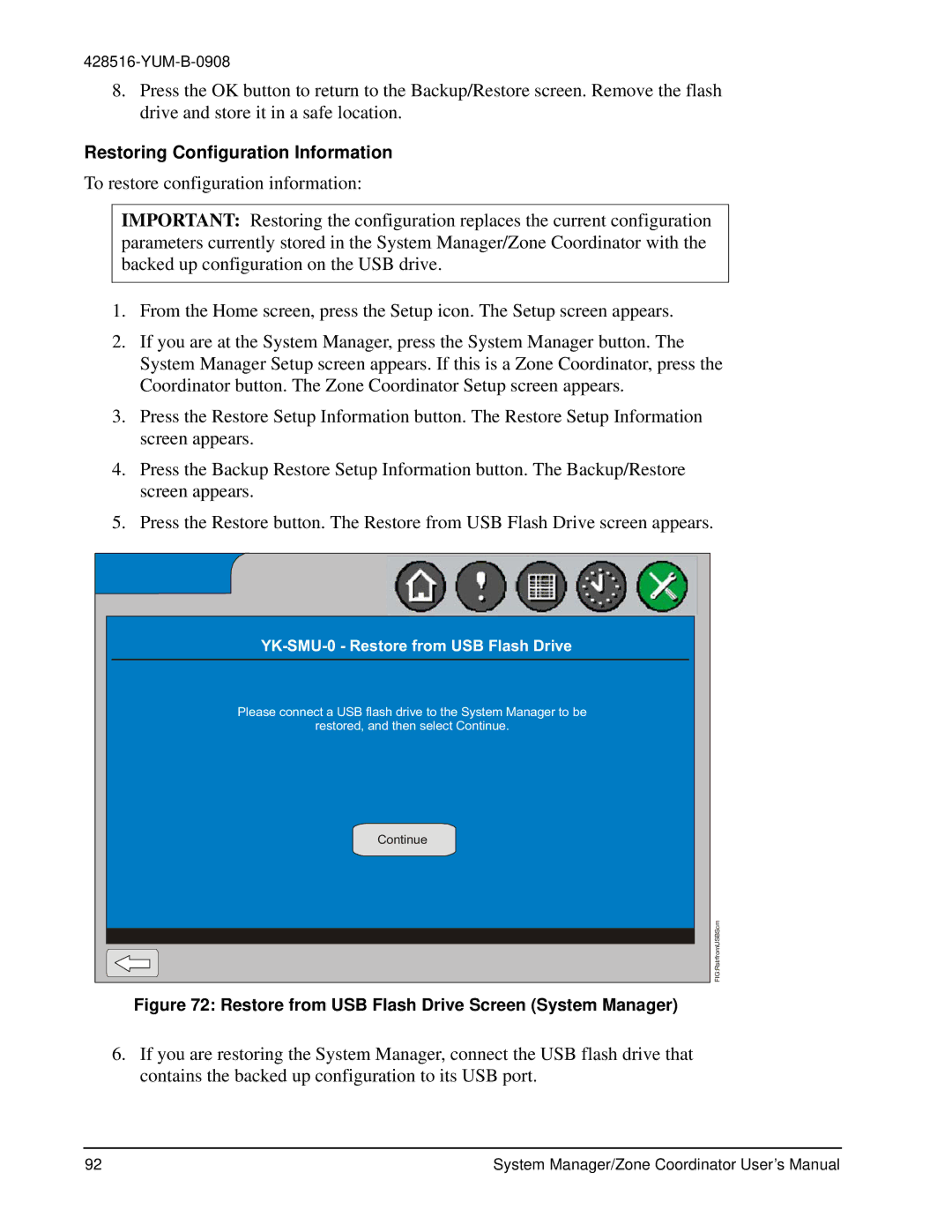 York YK-ZCU2x0-0, YKSMU2x0-0, YK-ZCU4x0-0 Restoring Configuration Information, YK-SMU-0 Restore from USB Flash Drive 