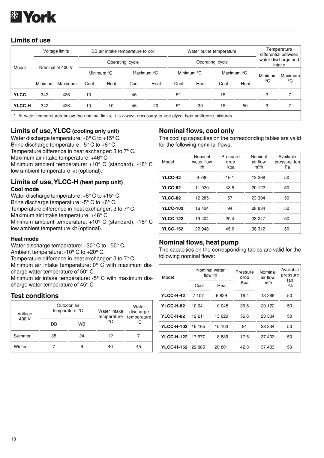 York 122, YLCC-h Limits of use,YLCC cooling only unit, Limits of use, YLCC-H heat pump unit, Nominal flows, cool only 