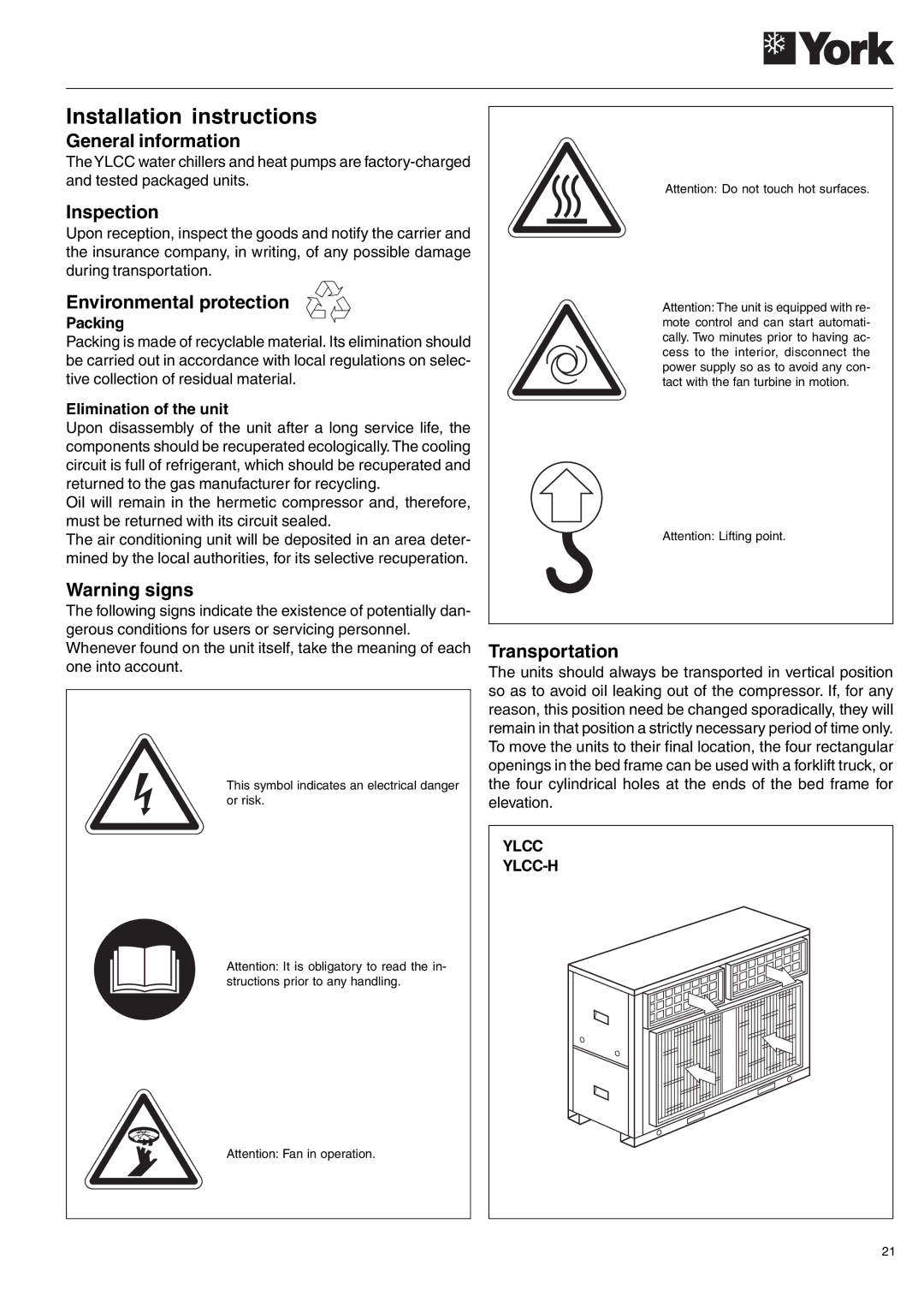 York YLCC-h, YLCC 42/62/82/102/112, 122, 152 manual General information, Inspection, Environmental protection, Transportation 