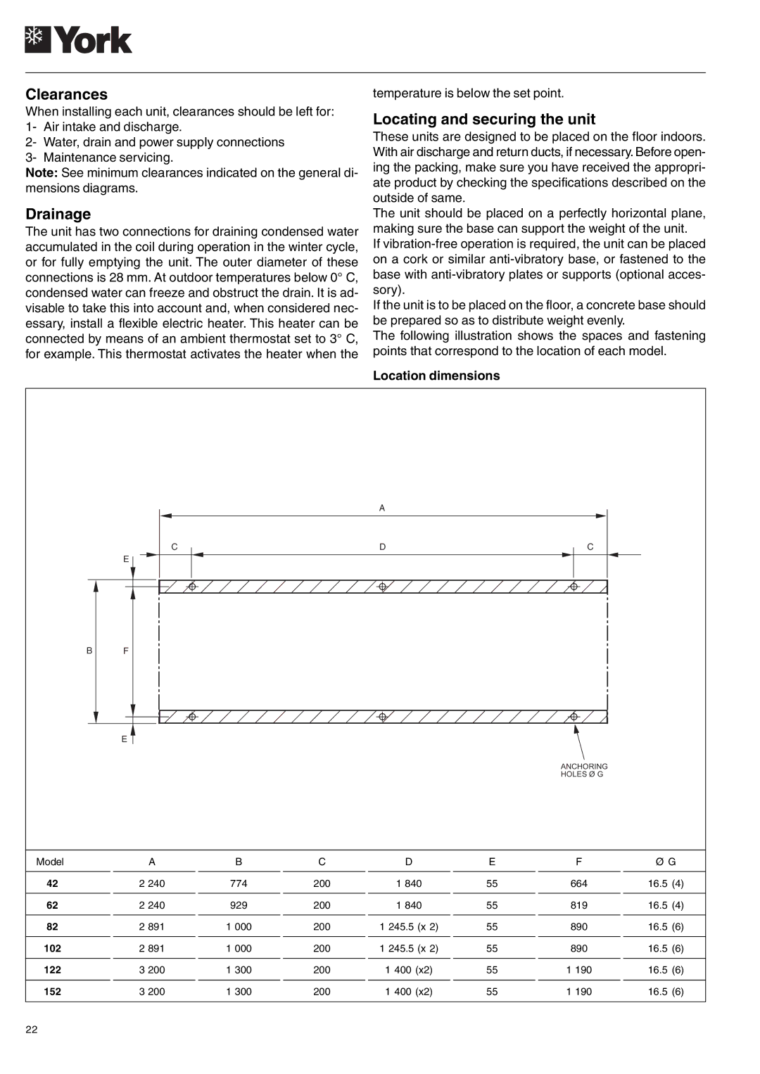 York 122, YLCC 42/62/82/102/112, YLCC-h, 152 manual Clearances, Drainage, Locating and securing the unit, Location dimensions 