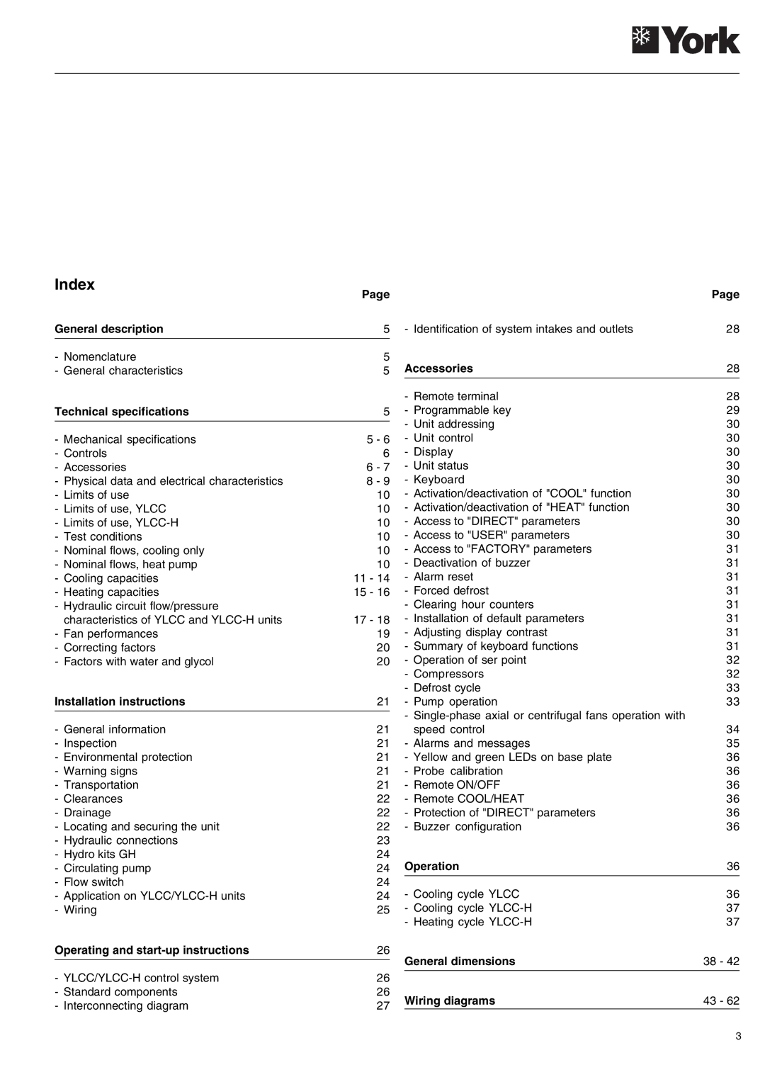 York 152, YLCC 42/62/82/102/112, YLCC-h, 122 manual Index, Technical specifications 