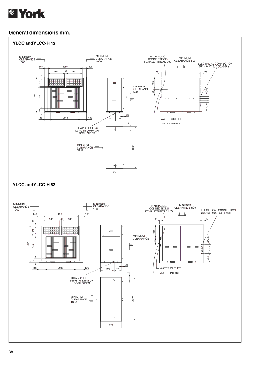 York 122, YLCC 42/62/82/102/112, YLCC-h, 152 manual General dimensions mm, Ylcc andYLCC-H 