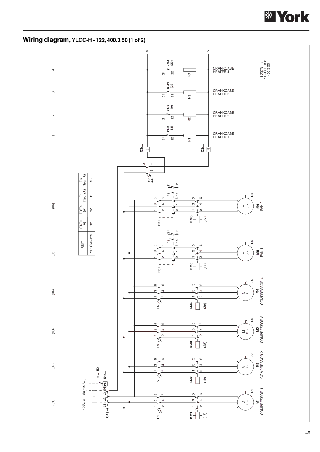 York YLCC-h, YLCC 42/62/82/102/112, 152 manual Wiring diagram, YLCC-H 122, 400.3.50 1 