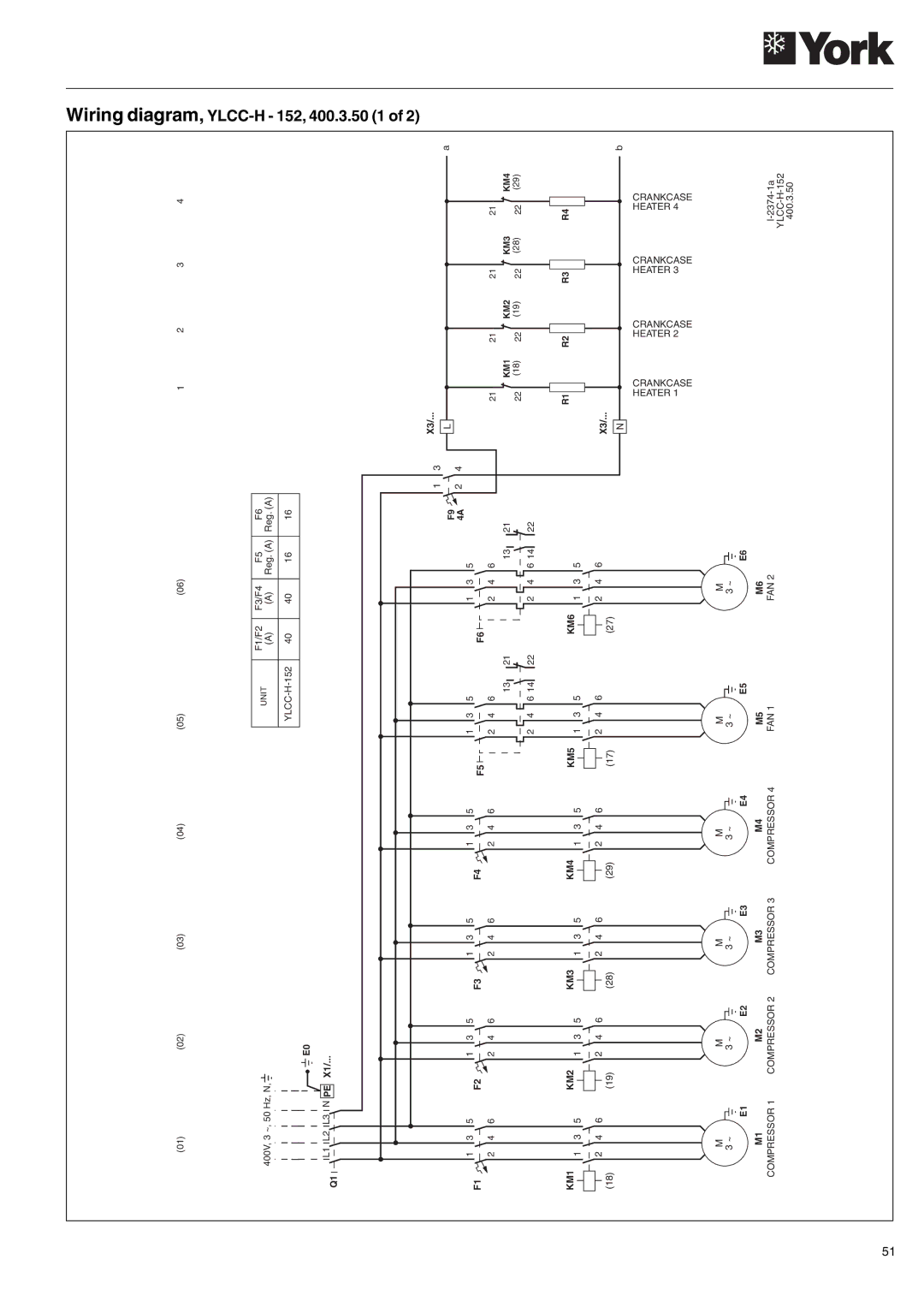 York YLCC 42/62/82/102/112, YLCC-h, 122 manual Wiring diagram, YLCC-H 152, 400.3.50 1 