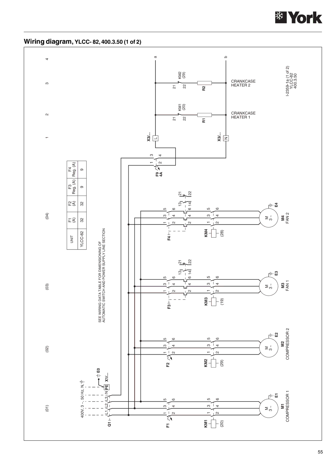 York 152, YLCC 42/62/82/102/112, YLCC-h, 122 manual Wiring diagram, YLCC- 82, 400.3.50 1 