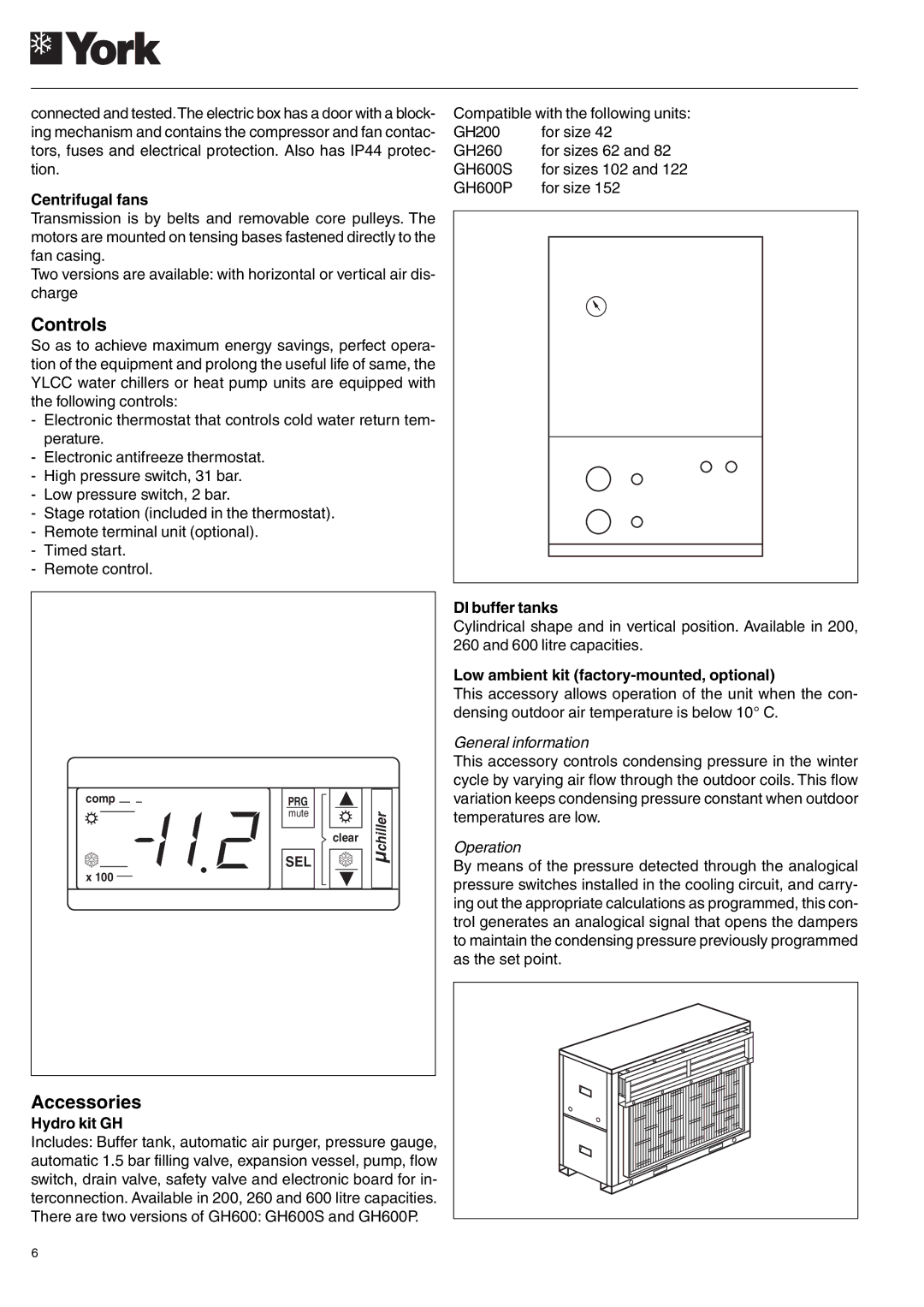 York 122, YLCC 42/62/82/102/112, YLCC-h, 152 manual Controls, Accessories 