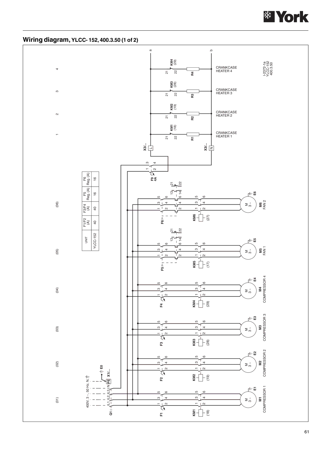 York YLCC-h, YLCC 42/62/82/102/112, 122 manual Wiring diagram, YLCC- 152, 400.3.50 1 