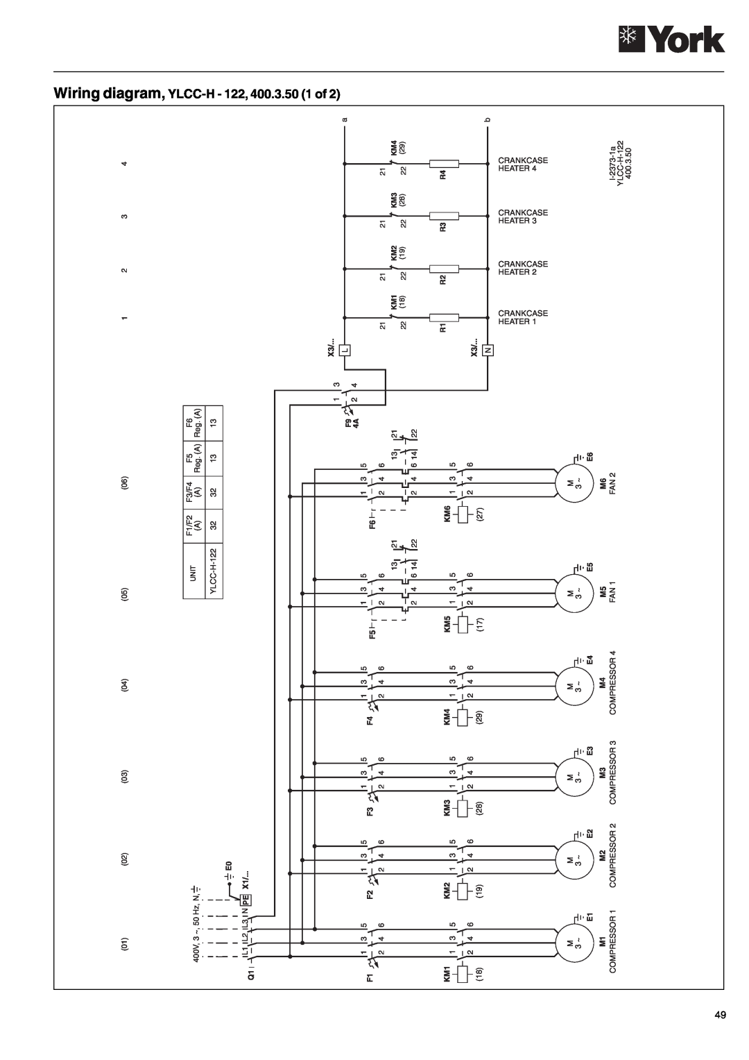 York YLCC-h, YLCC 42/62/82/102/112, 152 manual Wiring diagram, YLCC-H- 122, 400.3.50 1 of 