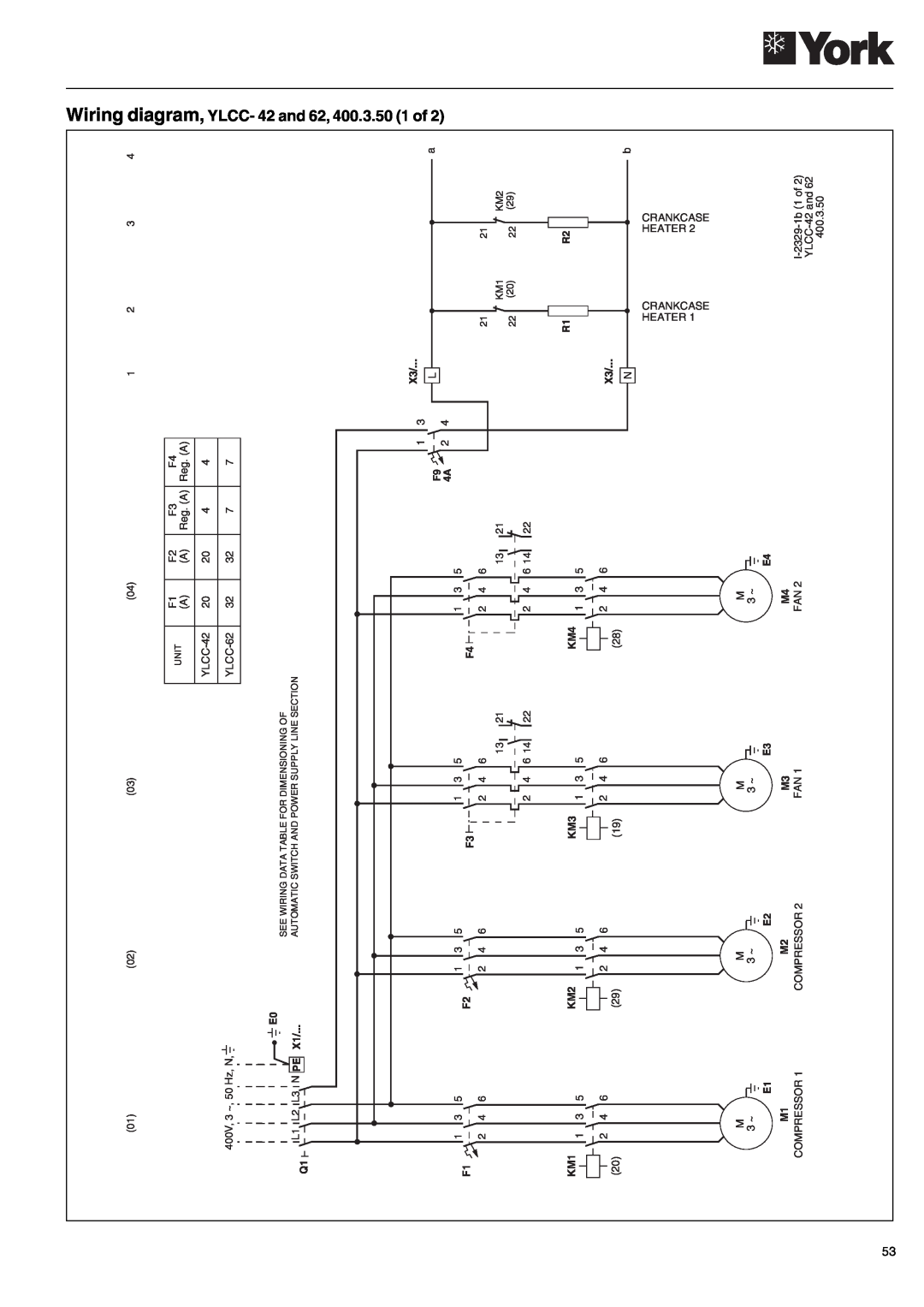 York YLCC-h Wiring diagram, YLCC- 42 and 62, 400.3.50 1 of, YLCC-42, YLCC-62, See Wiring Data Table For Dimensioning Of 