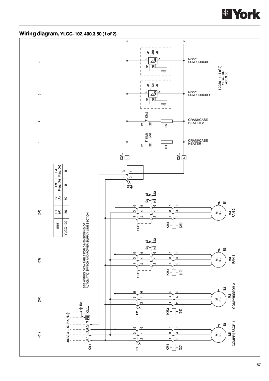 York YLCC-h, YLCC 42/62/82/102/112, 122, 152 manual Wiring diagram, YLCC- 102, 400.3.50 1 of 