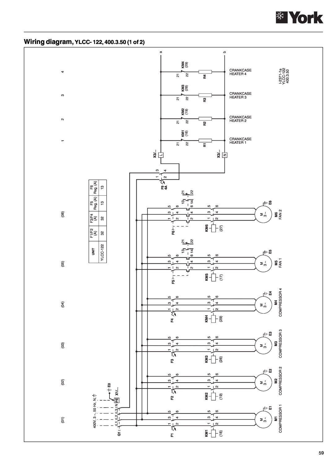 York 152, YLCC 42/62/82/102/112, YLCC-h manual Wiring diagram, YLCC- 122, 400.3.50 1 of 