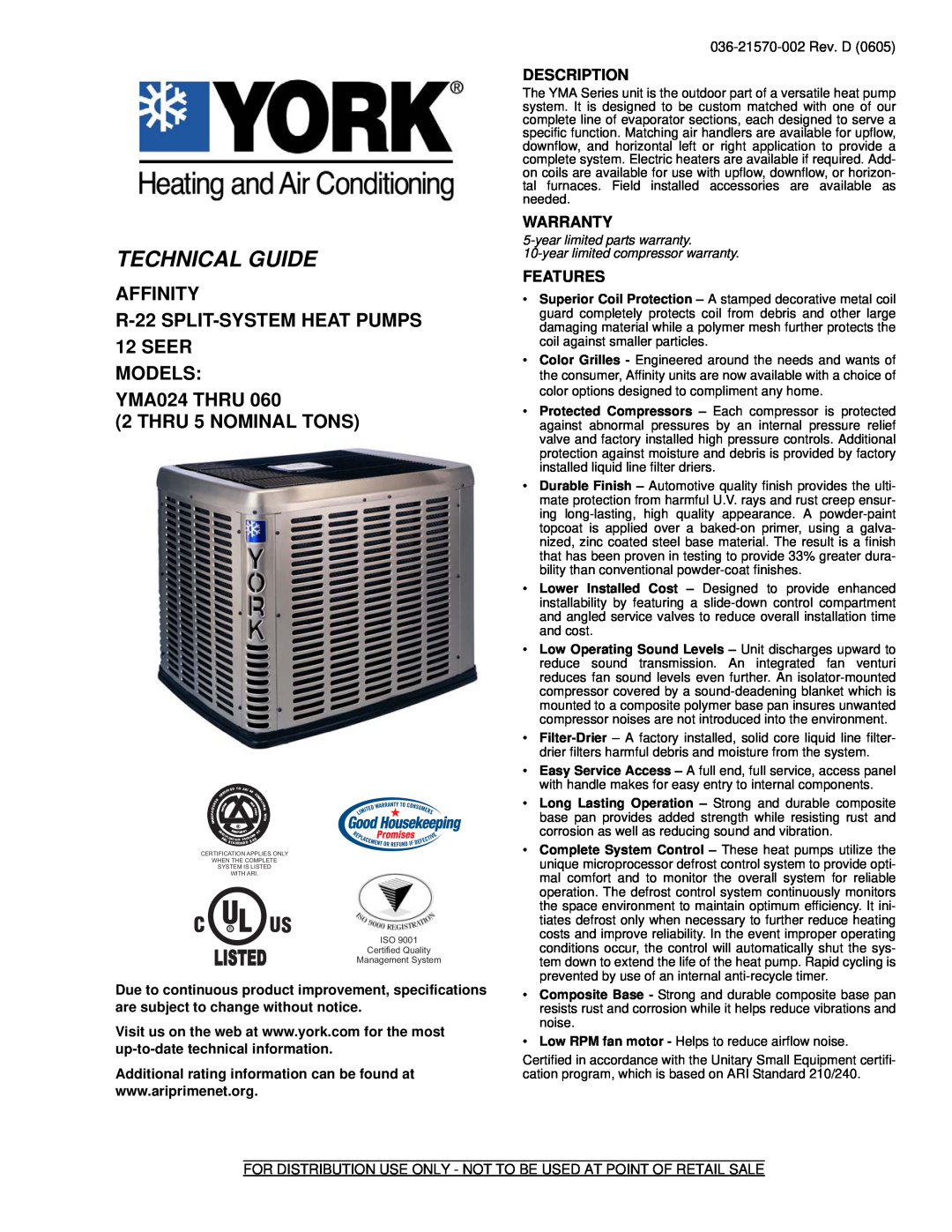 York YMA024 warranty Description, Warranty, Features, Technical Guide, Listed, AFFINITY R-22 SPLIT-SYSTEMHEAT PUMPS 