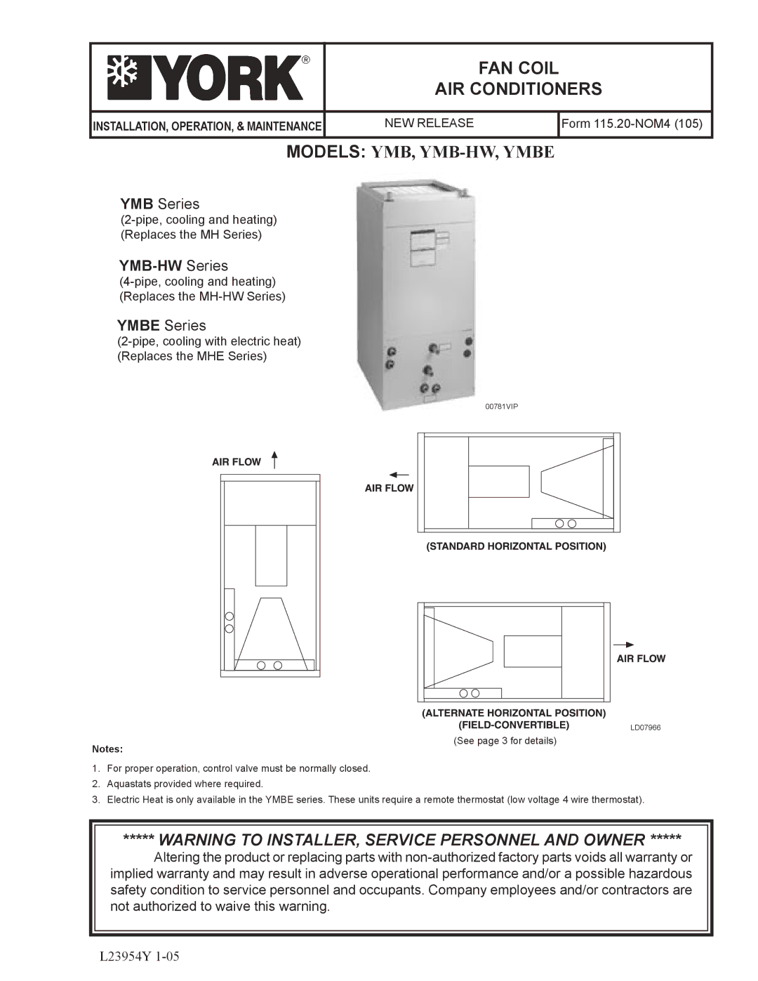 York YMBE, YMB-HW warranty FAN Coil AIR Conditioners, L23954Y, INSTALLATION, OPERATION, & Maintenance 