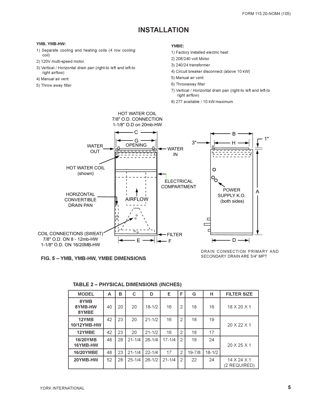 York YMBE warranty YMB, YMB-HW, Ymbe Dimensions, Physical Dimensions Inches 