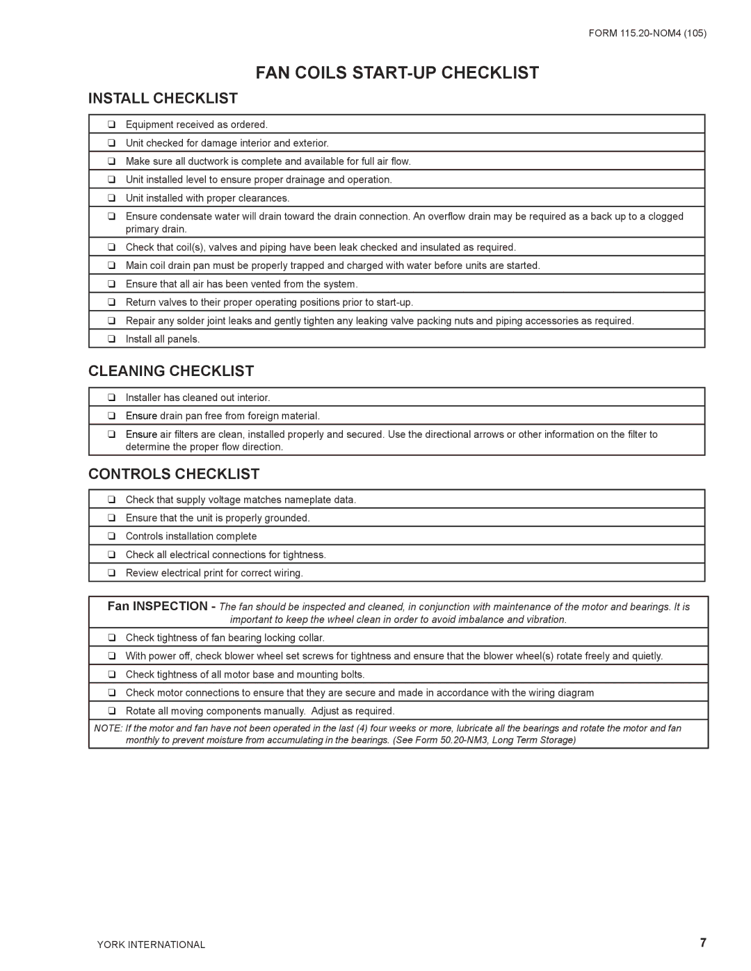 York YMBE, YMB-HW warranty FAN Coils START-UP Checklist, Install Checklist 