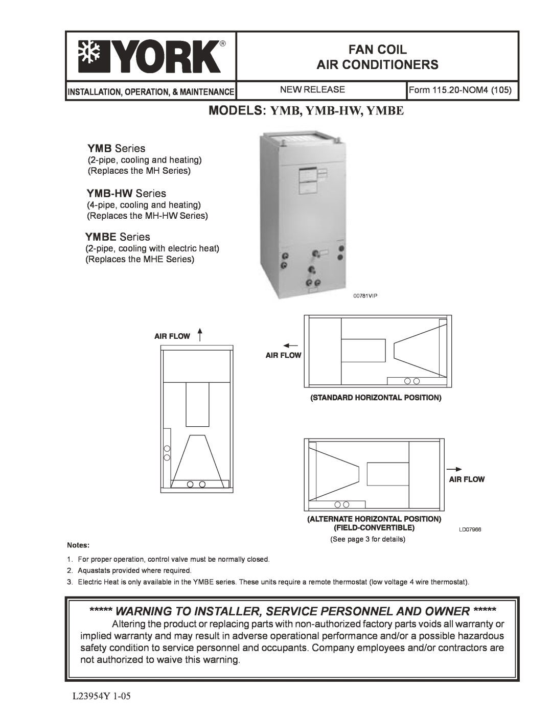 York warranty Fan Coil Air Conditioners, YMB-HW Series, Models Ymb, Ymb-Hw,Ymbe, YMB Series, YMBE Series 