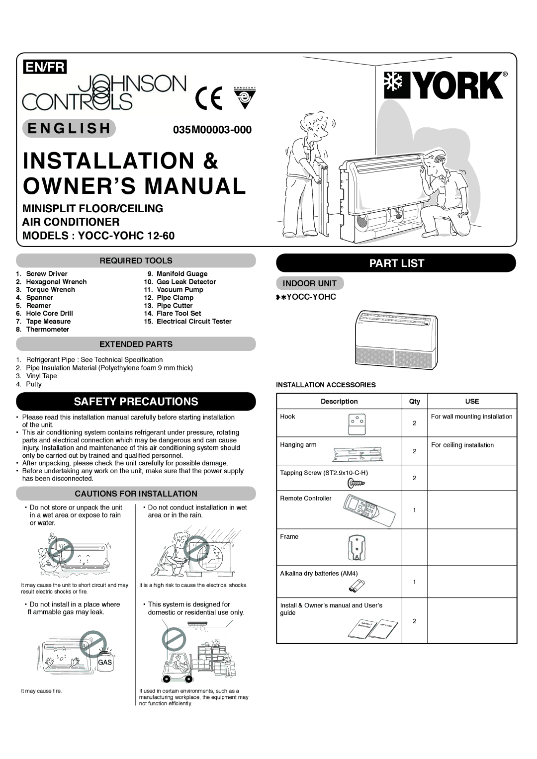 York YOCC-YOHC 12-60 owner manual Safety Precautions, Part List, Required Tools, Extended Parts, Indoor Unit YOCC-YOHC 