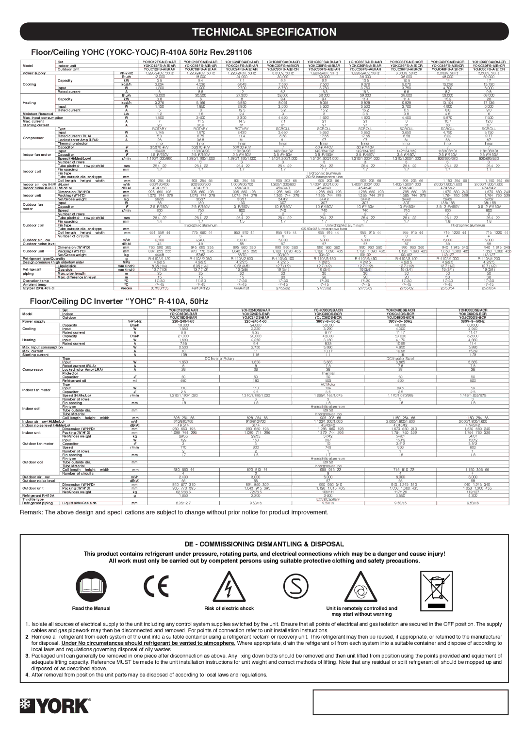 York YOCC-YOHC 12-60 Floor/Ceiling Yohc YOKC-YOJCR-410A 50Hz Rev.291106, Floor/Ceiling DC Inverter Yohc R-410A, 50Hz 