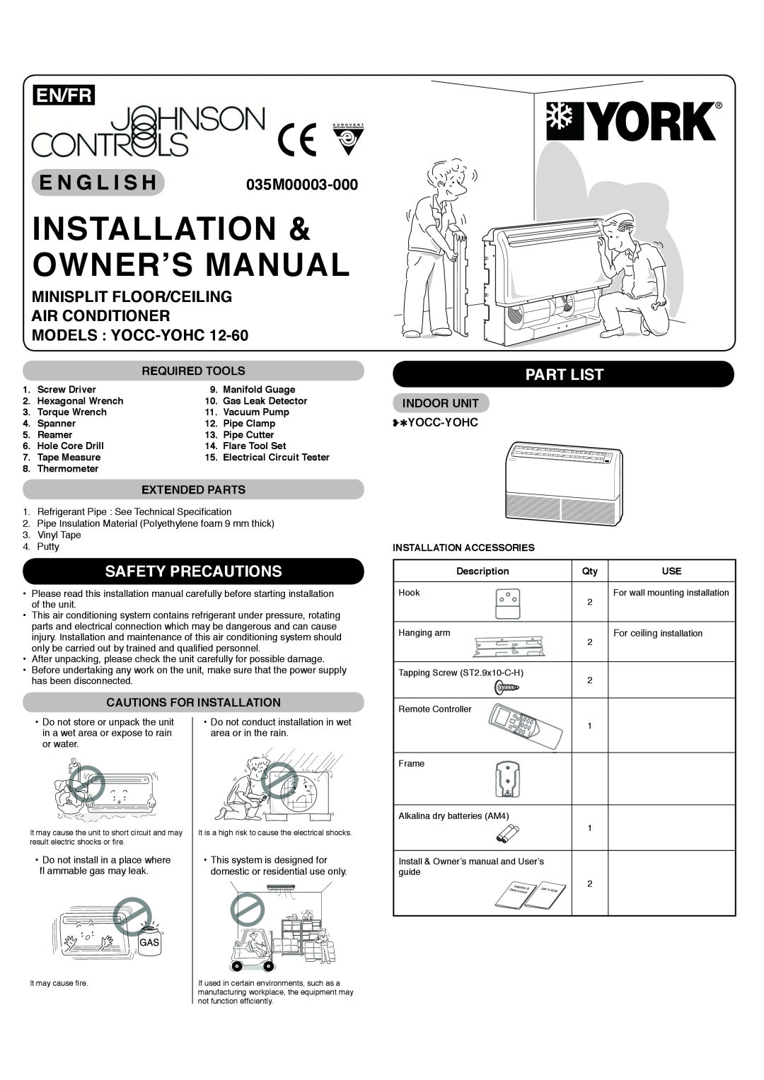 York YOCC-YOHC 12-60 owner manual Safety Precautions, Part List, Required Tools, Extended Parts, Cautions For Installation 