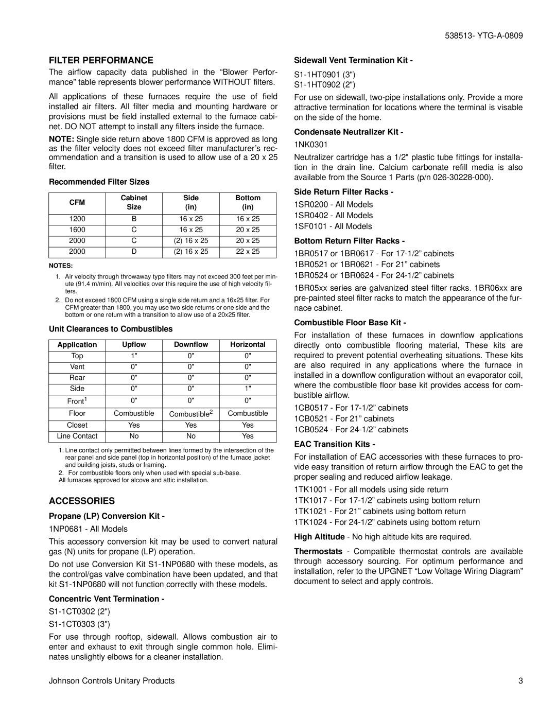 York YP9C*C warranty Filter Performance, Accessories 