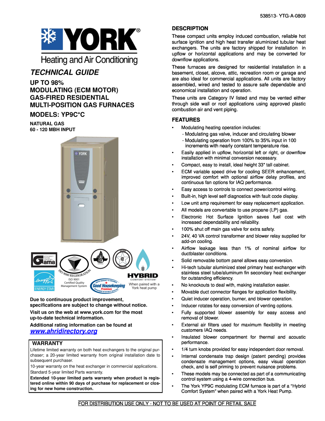 York warranty Warranty, Description, Features, Technical Guide, UP TO 98%, MODELS YP9C*C 