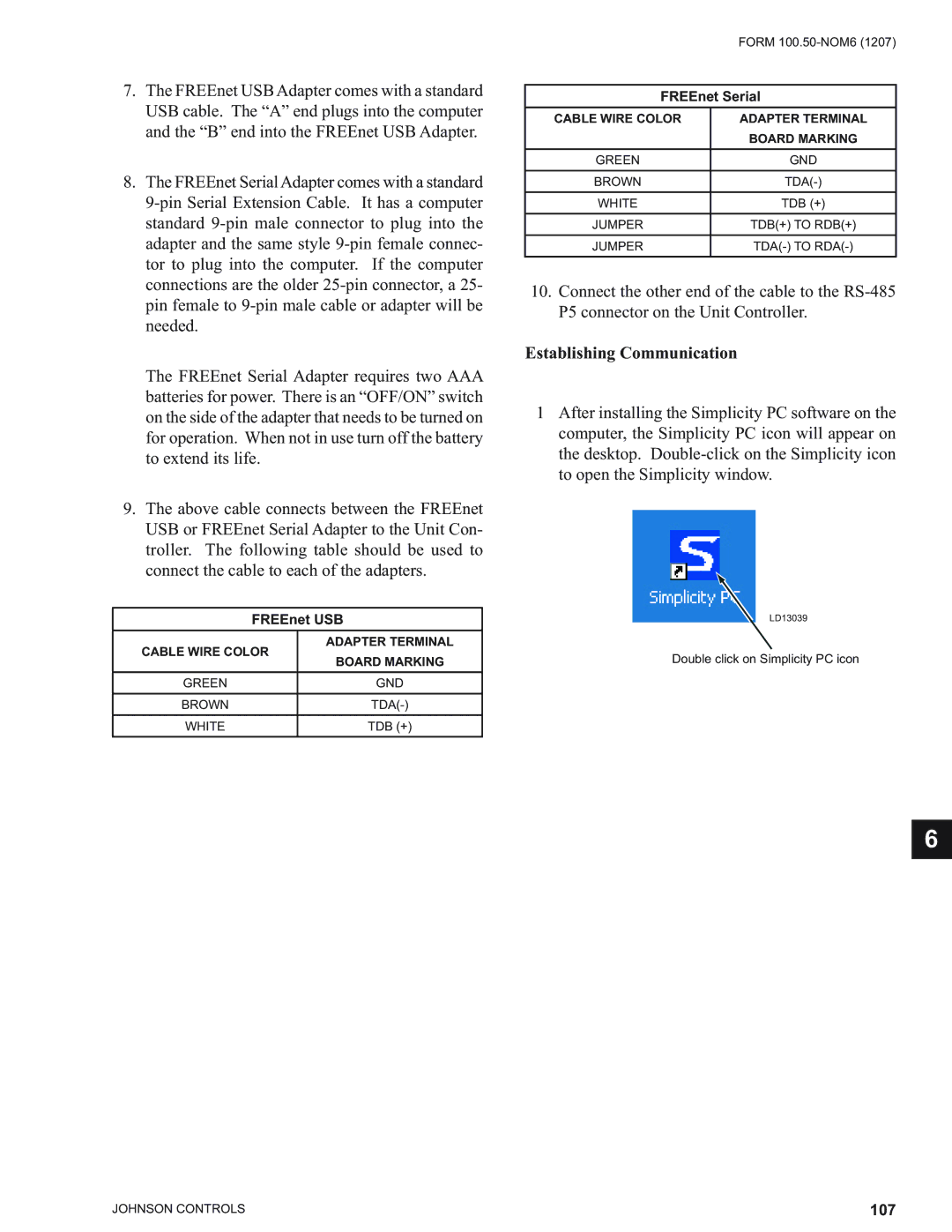 York YPAL 060, YPAL 061, YPAL 050, YPAL 051 manual Establishing Communication, Cable Wire Color Adapter Terminal Board Marking 