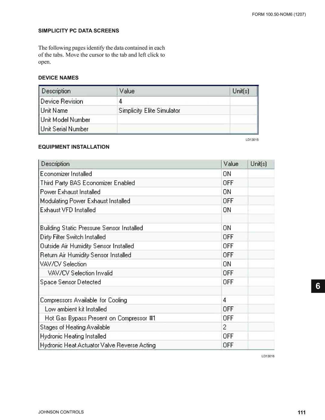 York YPAL 060, YPAL 061, YPAL 050, YPAL 051 manual Simplicity PC Data Screens, Device Names, Equipment Installation 