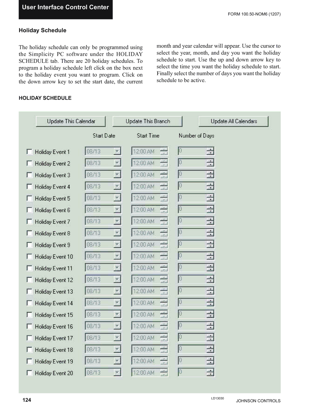 York YPAL 061, YPAL 050, YPAL 051, YPAL 060 manual Holiday Schedule 