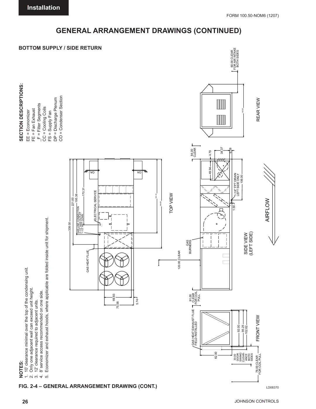 York YPAL 051, YPAL 061, YPAL 050, YPAL 060 manual General Arrangement Drawing, Bottom Supply / Side Return 