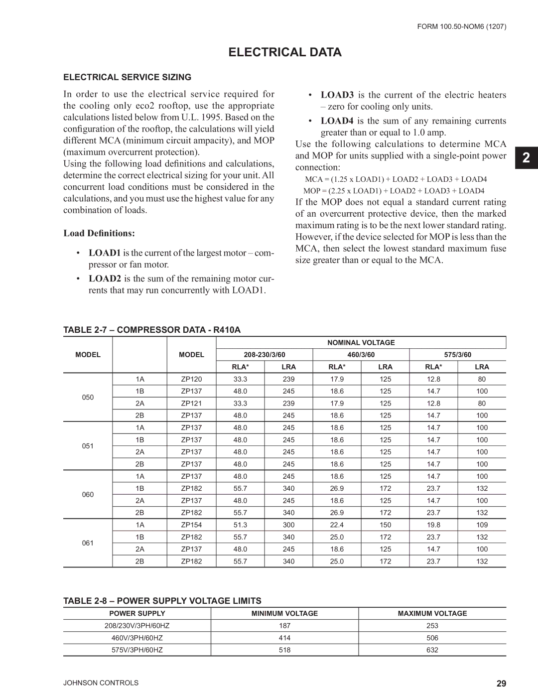 York YPAL 050, YPAL 061, YPAL 051 manual Electrical Data, Load Deﬁnitions, Electrical Service Sizing, Compressor Data R410A 