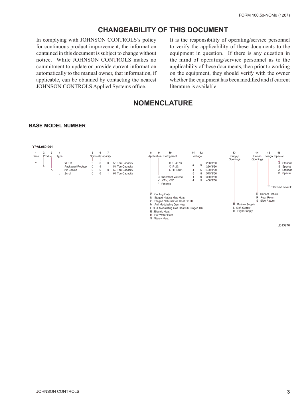 York YPAL 060, YPAL 061, YPAL 050, YPAL 051 manual Changeability of this Document, Nomenclature, Base Model Number 