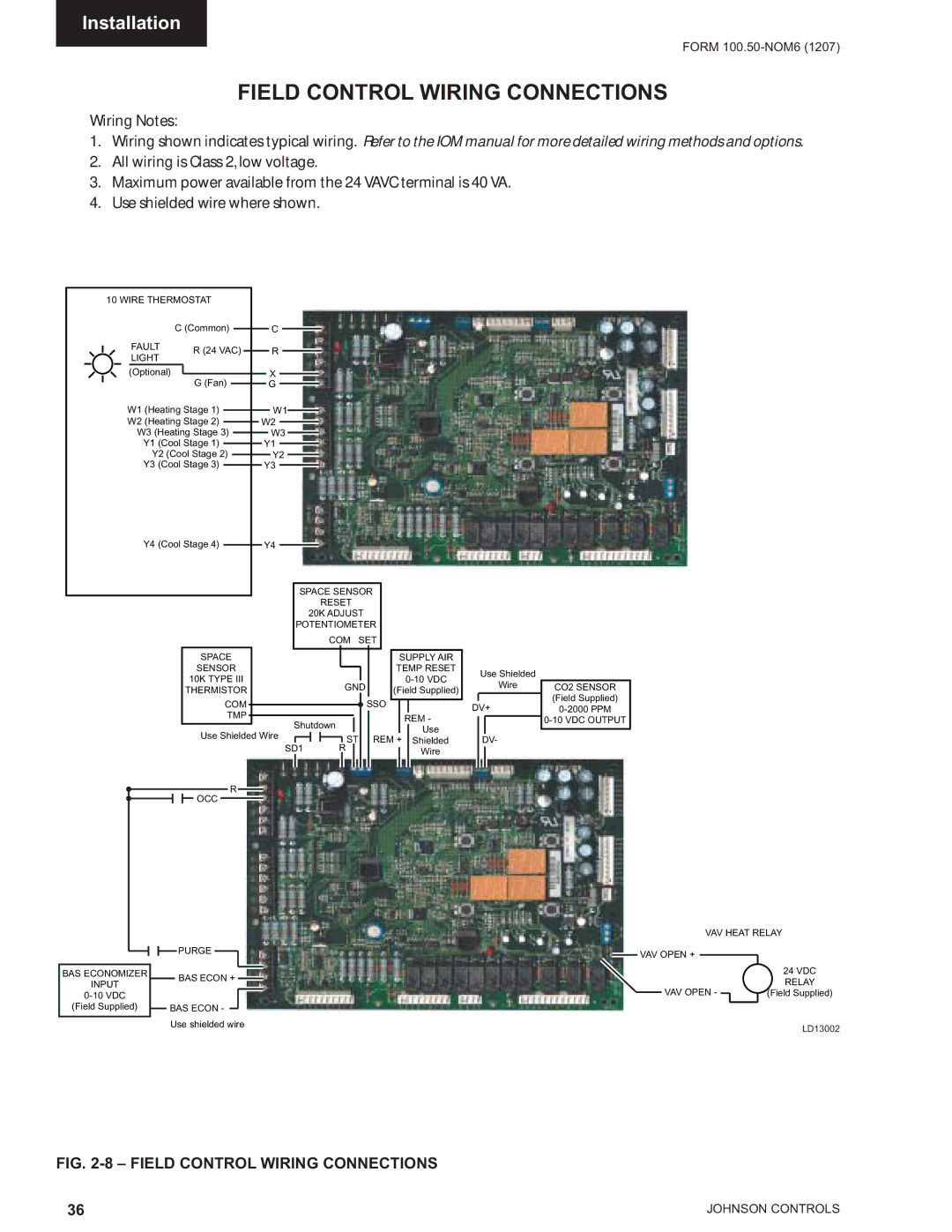 York YPAL 061, YPAL 050, YPAL 051, YPAL 060 manual Field Control Wiring Connections, Light 