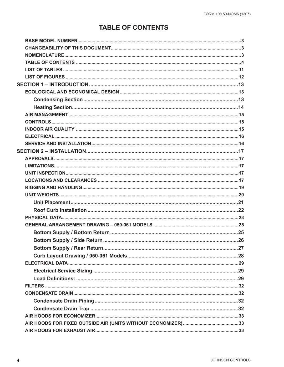 York YPAL 061, YPAL 050, YPAL 051, YPAL 060 manual Table of Contents 