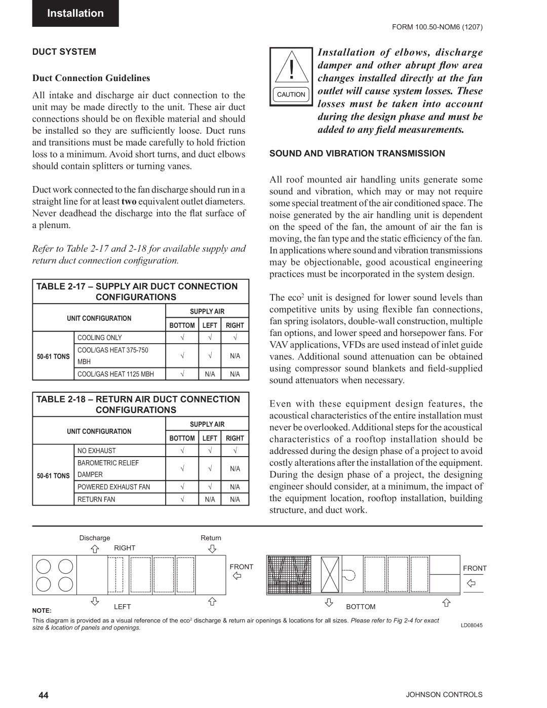 York YPAL 061 manual Duct Connection Guidelines, Duct System, Supply AIR Duct Connection Configurations, Unit Configuration 